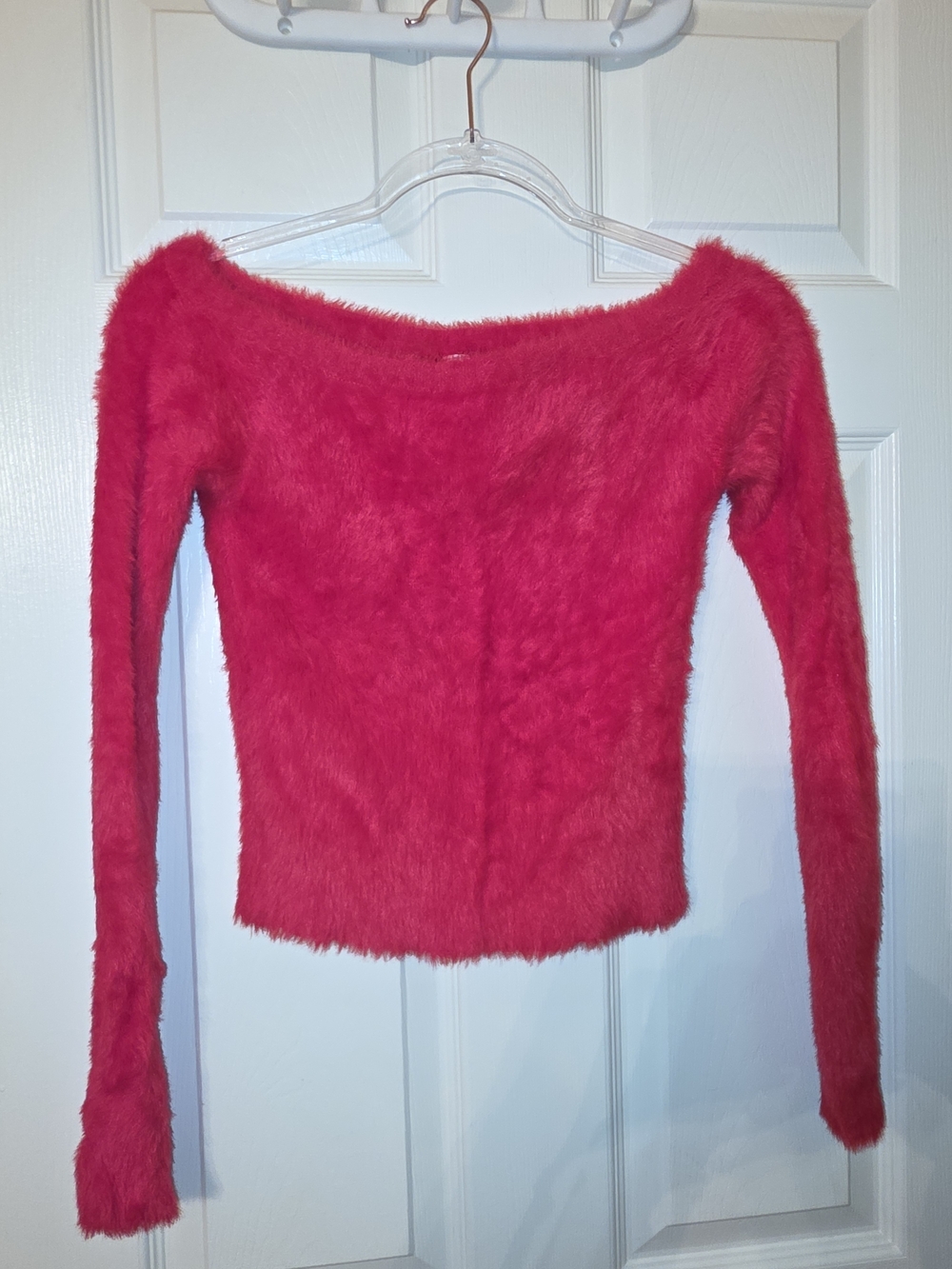 Fuzzy Off-Shoulder Women's Sweater in Red.